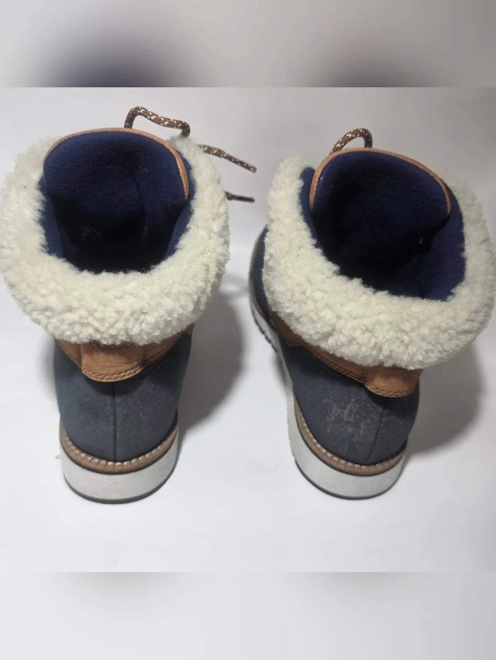 Cole Haan Waterproof Winter Boots Faux Fur Lace Up Brown Blue Women 7.5
